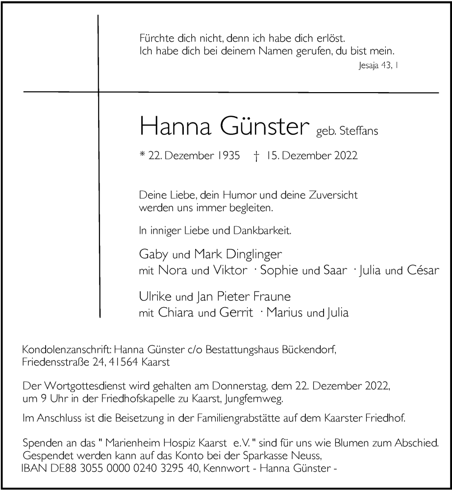 Alle Traueranzeigen F R Hanna G Nster Trauer Rp Online De