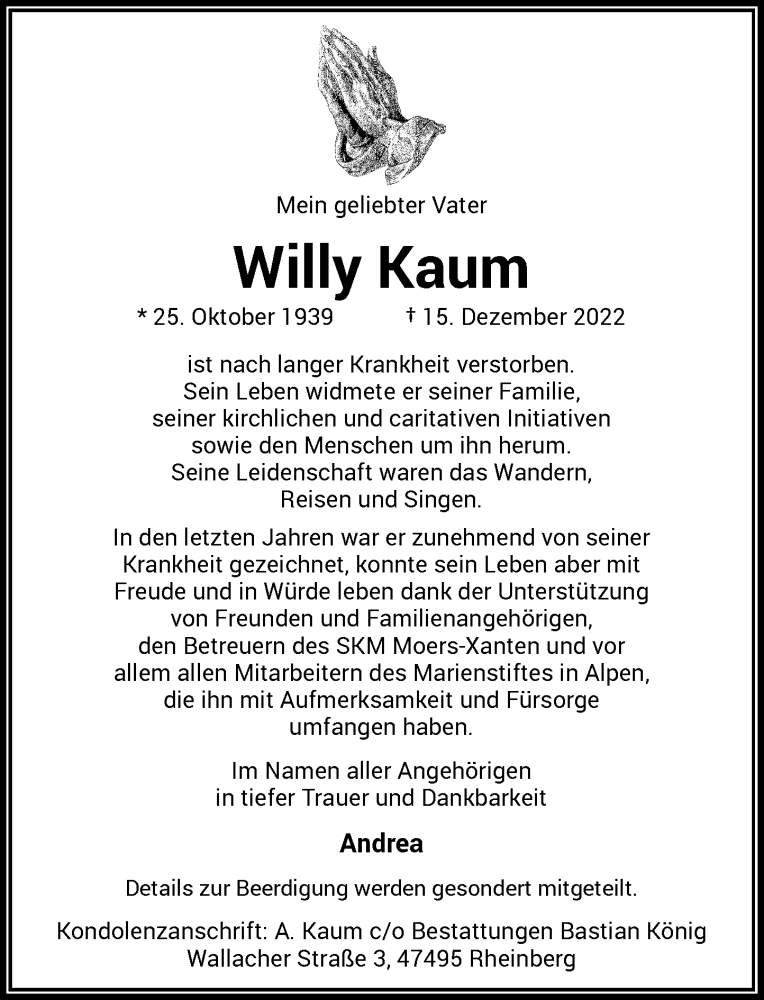 Alle Traueranzeigen F R Willy Kaum Trauer Rp Online De