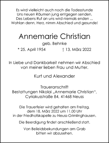 Alle Traueranzeigen für Annemarie Christian trauer rp online de