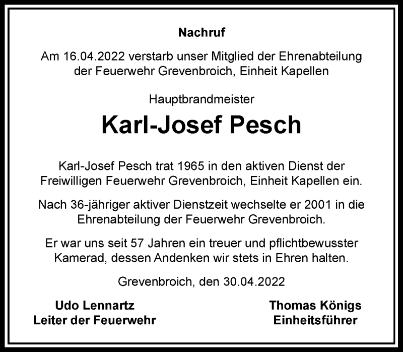 Alle Traueranzeigen F R Karl Josef Pesch Trauer Rp Online De