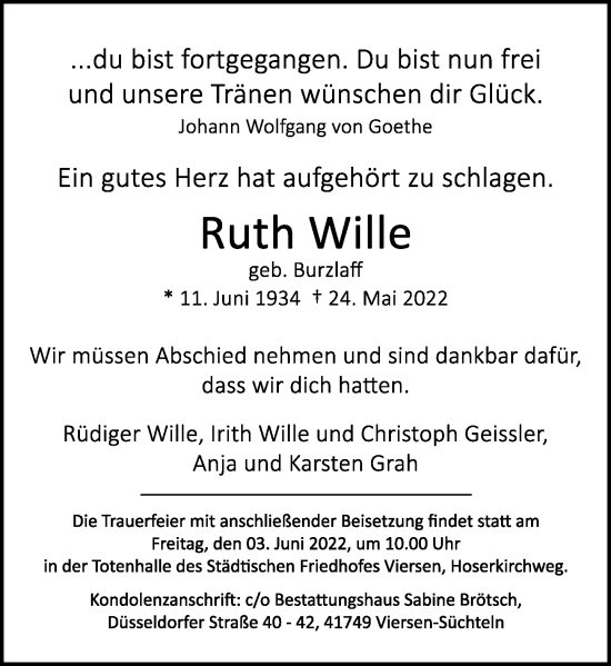 Alle Traueranzeigen F R Ruth Wille Trauer Rp Online De