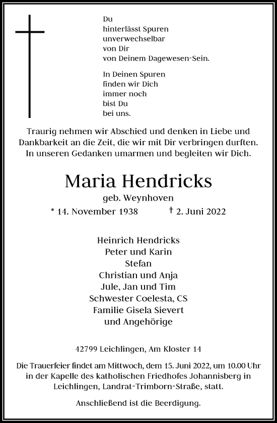 Alle Traueranzeigen F R Maria Hendricks Trauer Rp Online De