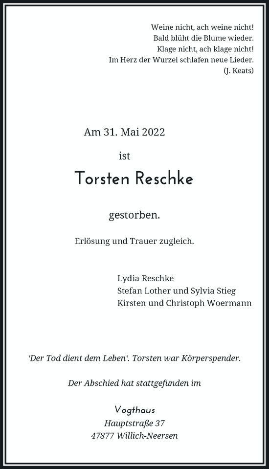 Alle Traueranzeigen F R Torsten Reschke Trauer Rp Online De