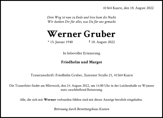 Alle Traueranzeigen F R Werner Gruber Trauer Rp Online De