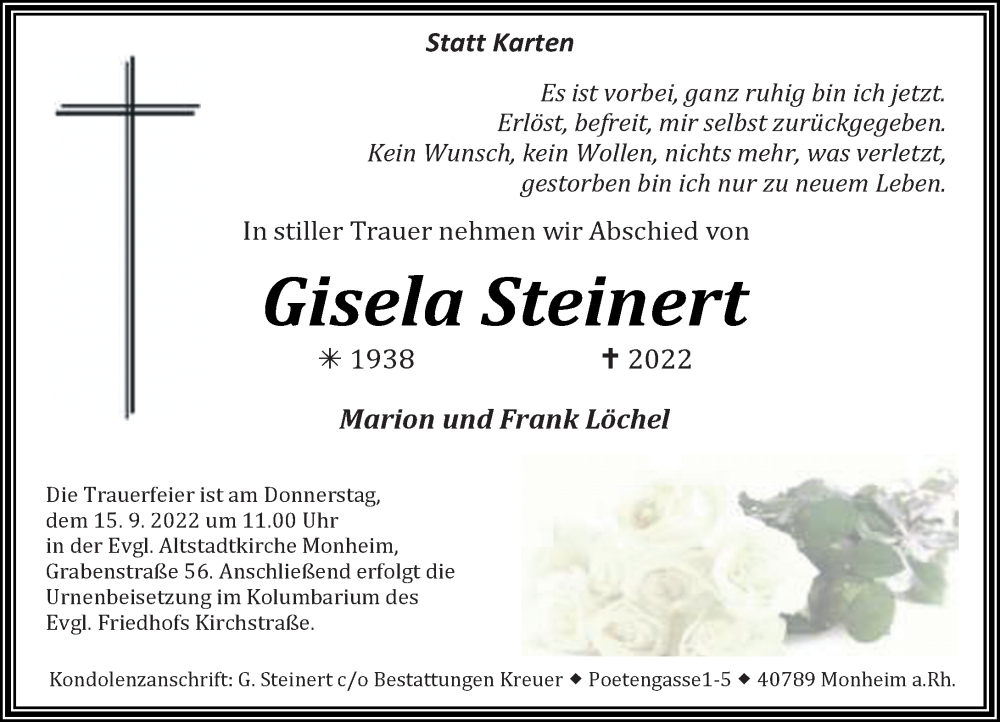 Alle Traueranzeigen für Gisela Steinert trauer rp online de