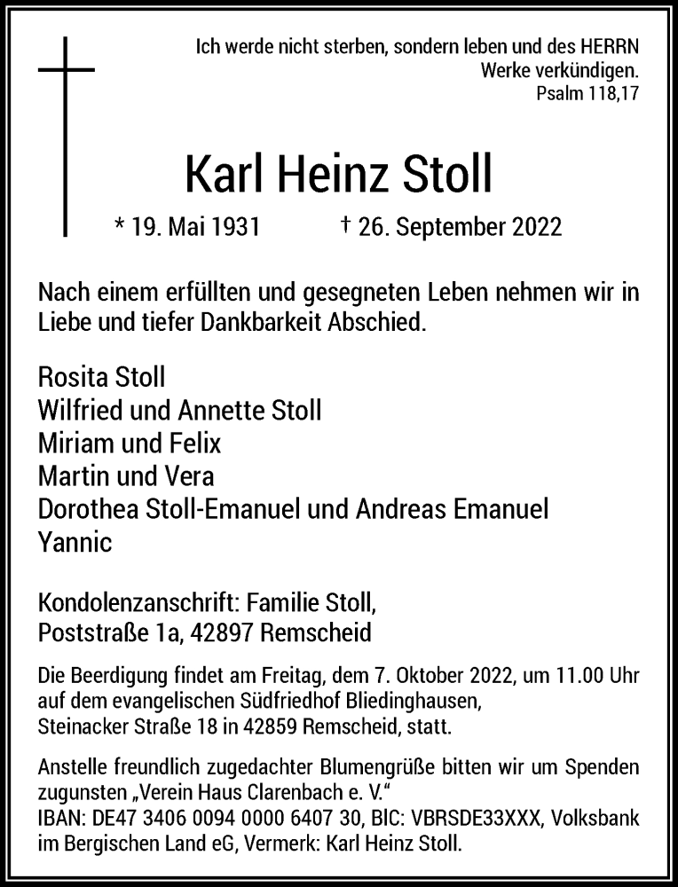 Alle Traueranzeigen F R Karl Heinz Stoll Trauer Rp Online De