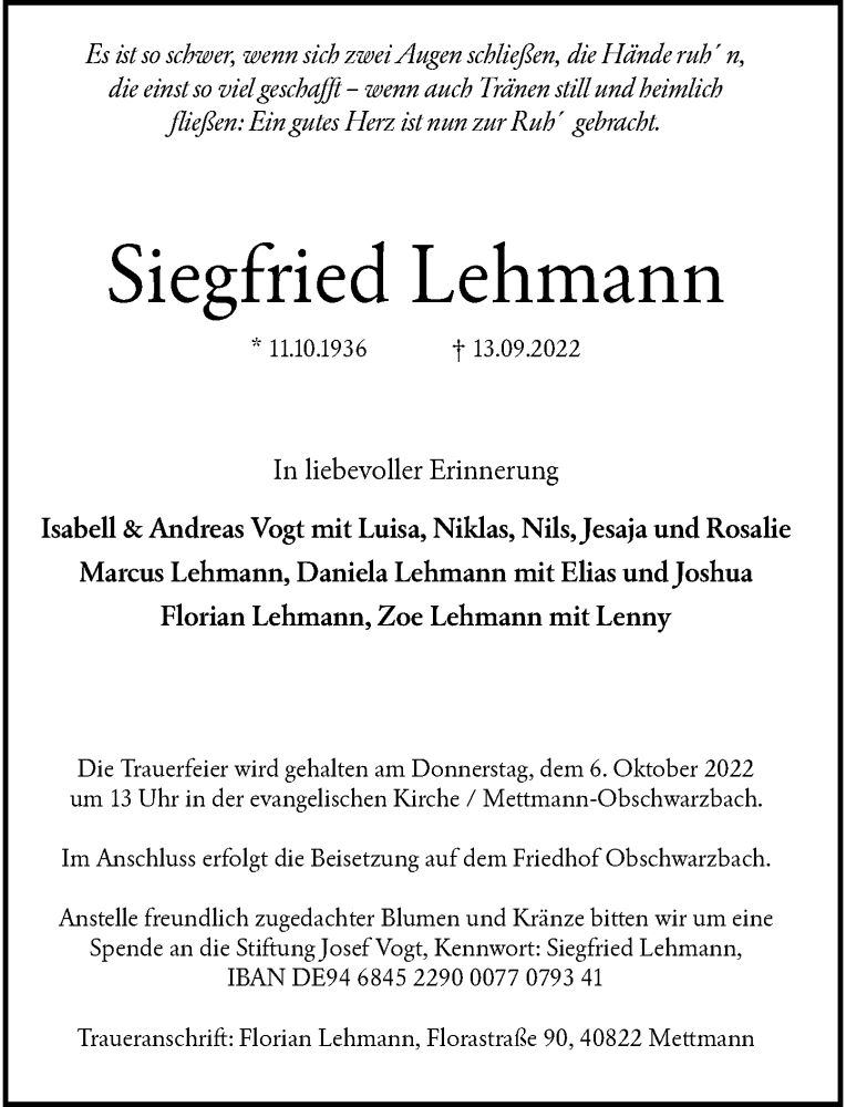 Alle Traueranzeigen F R Siegfried Lehmann Trauer Rp Online De