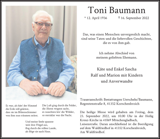 Alle Traueranzeigen für Toni Baumann trauer rp online de