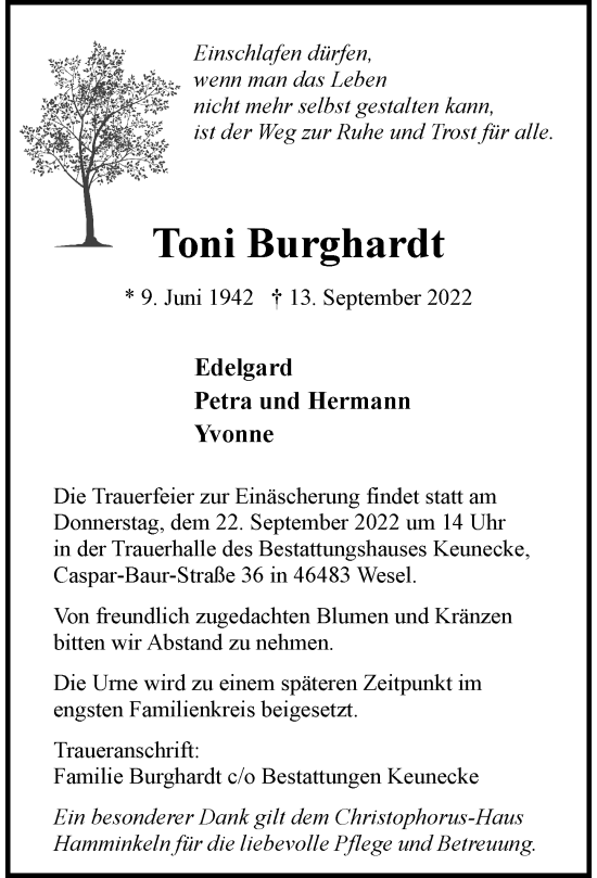 Alle Traueranzeigen für Toni Burghardt trauer rp online de