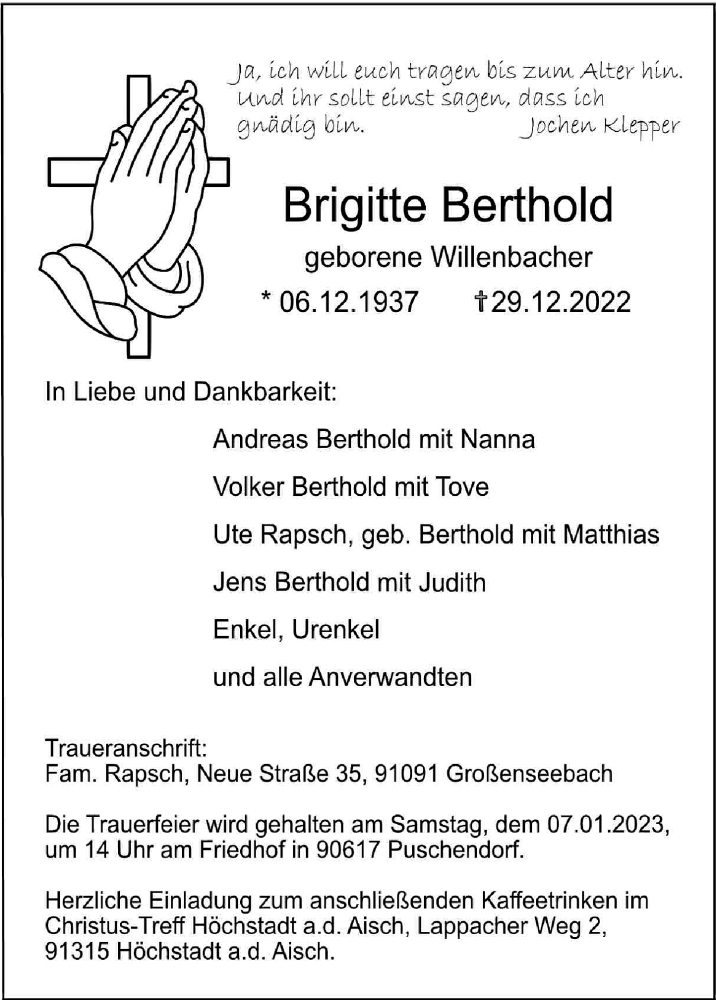 Alle Traueranzeigen F R Brigitte Berthold Trauer Rp Online De