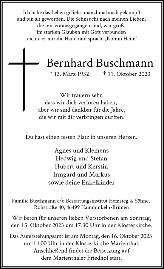 Alle Traueranzeigen für Bernhard Buschmann trauer rp online de