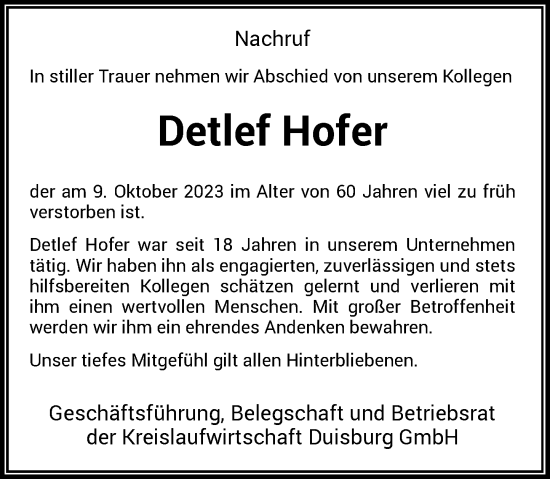 Alle Traueranzeigen für Detlef Hofer trauer rp online de