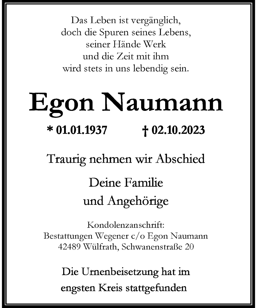 Alle Traueranzeigen für Egon Naumann trauer rp online de