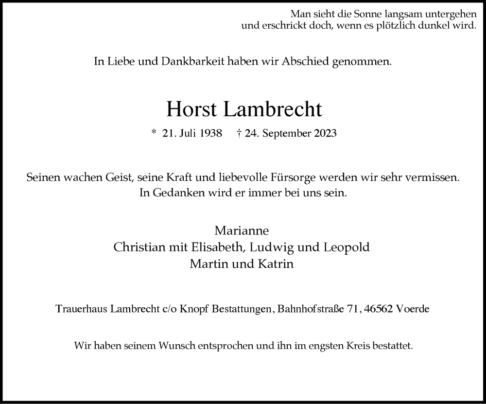 Alle Traueranzeigen F R Horst Lambrecht Trauer Rp Online De