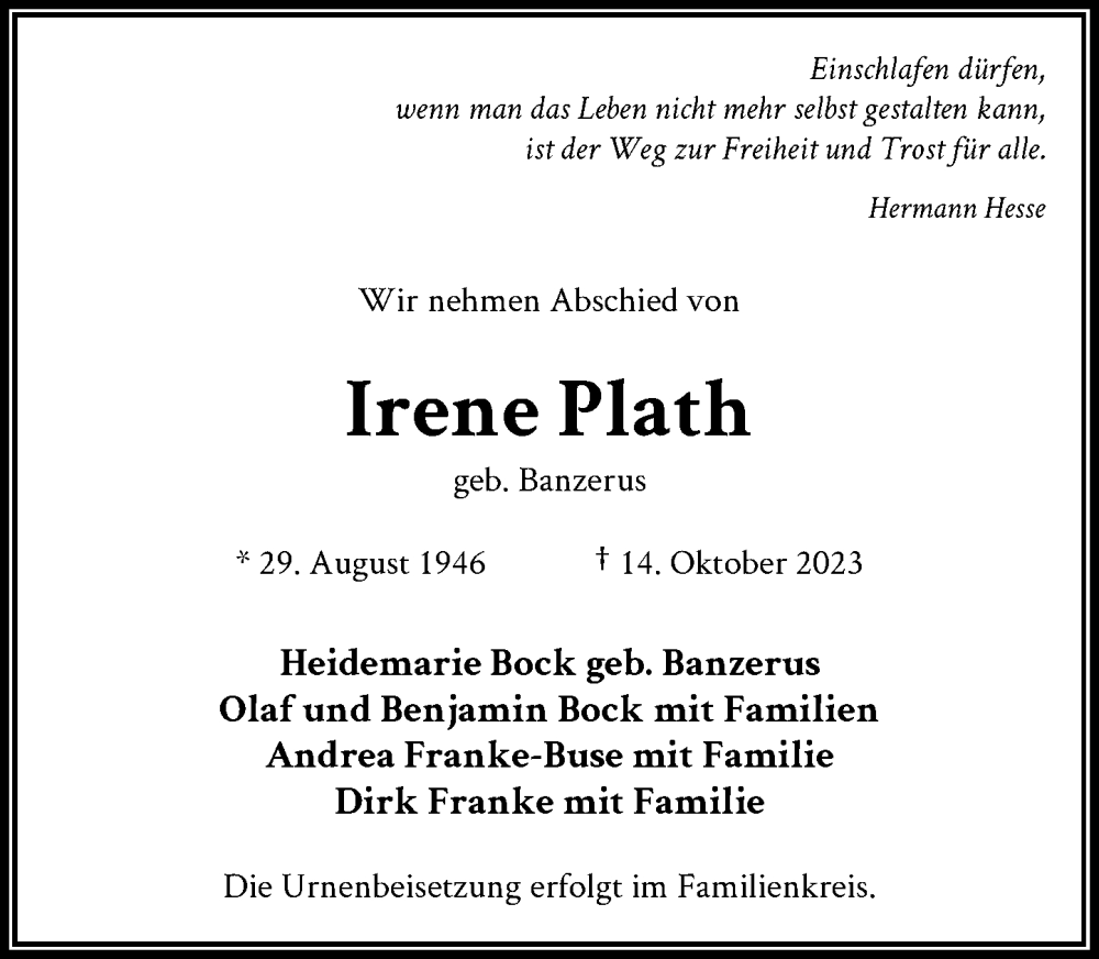 Alle Traueranzeigen für Irene Plath trauer rp online de