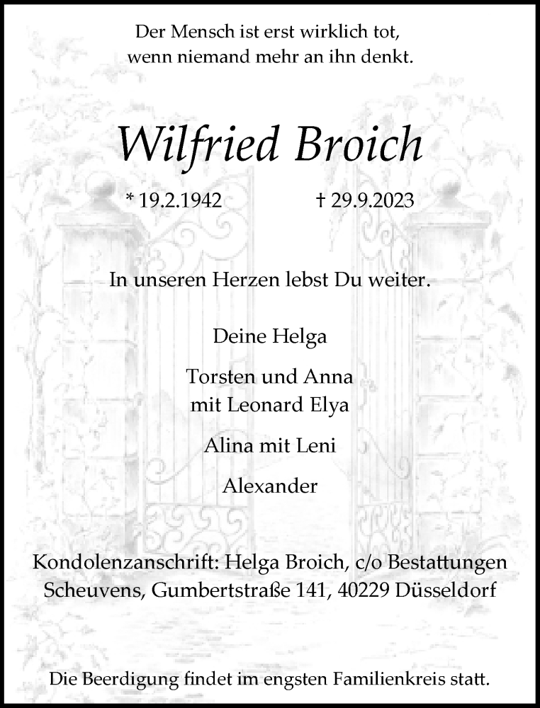 Alle Traueranzeigen F R Wilfried Broich Trauer Rp Online De