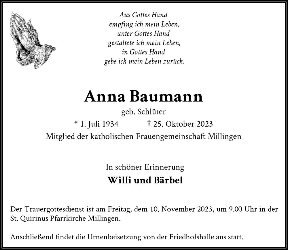 Alle Traueranzeigen F R Anna Baumann Trauer Rp Online De