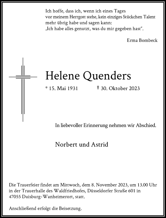 Alle Traueranzeigen F R Helene Quenders Trauer Rp Online De