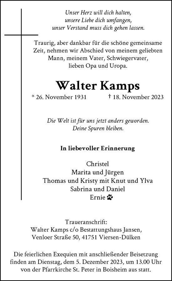 Alle Traueranzeigen für Walter Kamps trauer rp online de