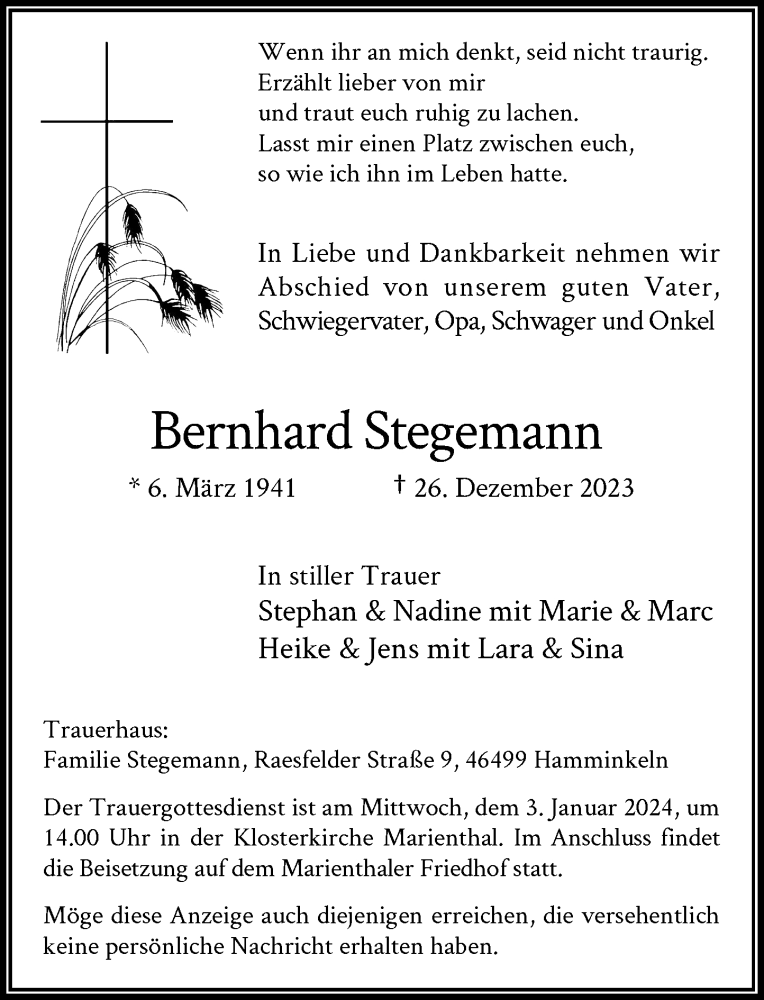 Alle Traueranzeigen F R Bernhard Stegemann Trauer Rp Online De