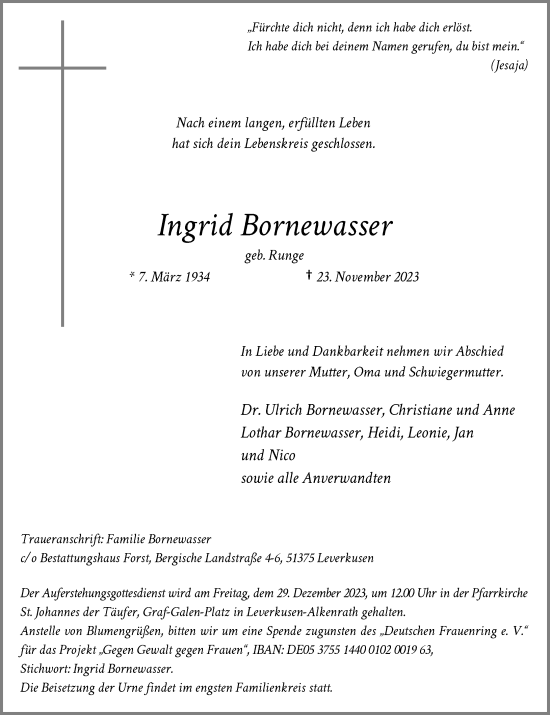 Alle Traueranzeigen F R Ingrid Bornewasser Trauer Rp Online De