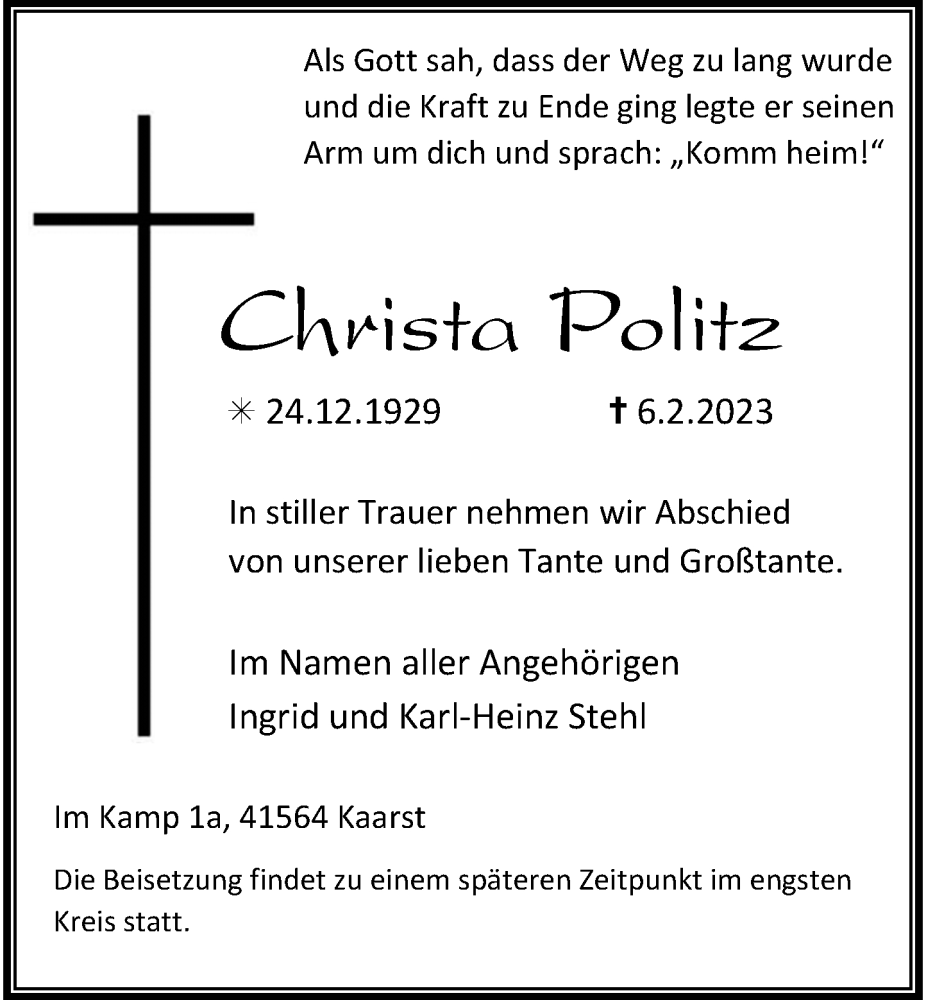 Alle Traueranzeigen F R Christa Politz Trauer Rp Online De