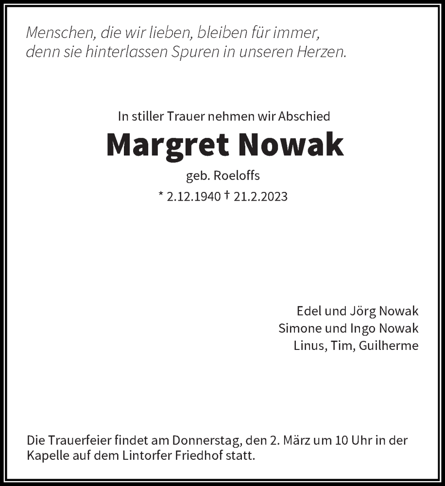 Alle Traueranzeigen für Margret Nowak trauer rp online de