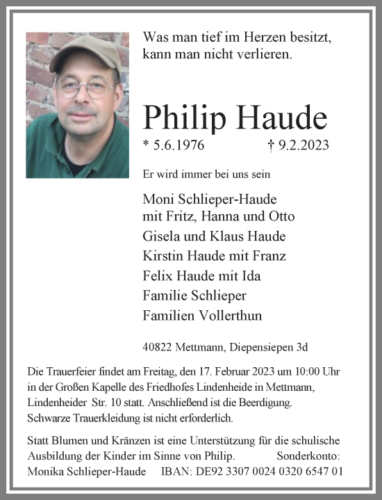 Alle Traueranzeigen für Philip Haude trauer rp online de