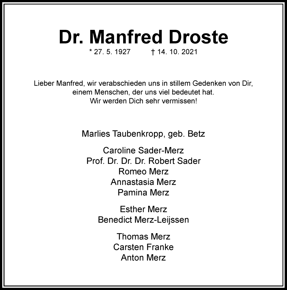 Alle Traueranzeigen F R Manfred Droste Trauer Rp Online De