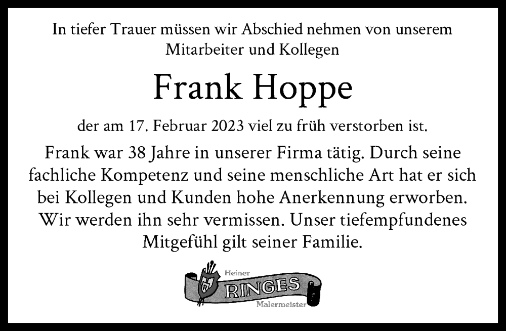 Alle Traueranzeigen für Frank Hoppe trauer rp online de