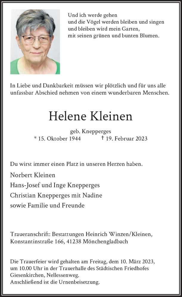 Alle Traueranzeigen F R Helene Kleinen Trauer Rp Online De