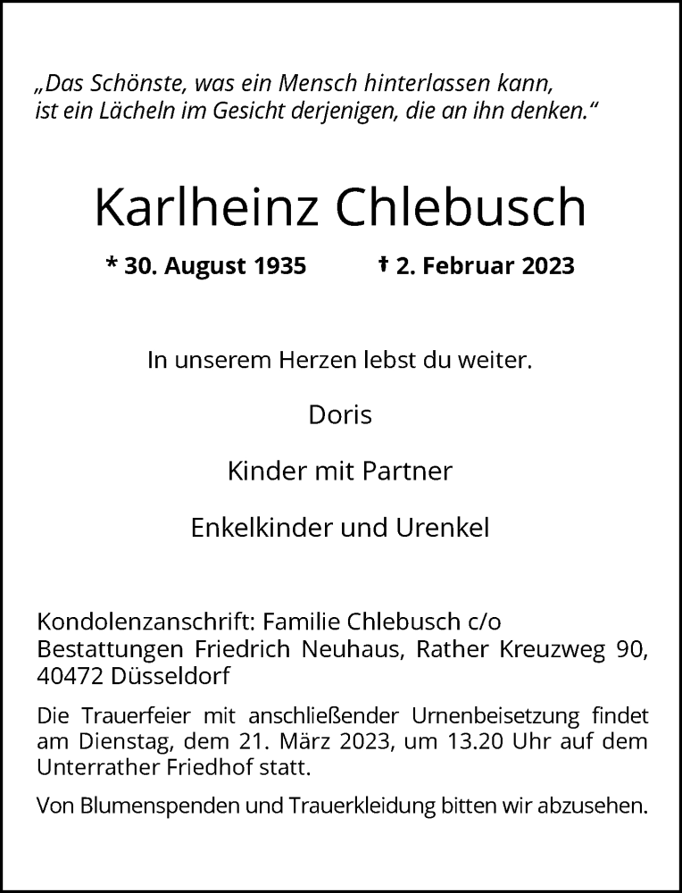 Alle Traueranzeigen F R Karlheinz Chlebusch Trauer Rp Online De