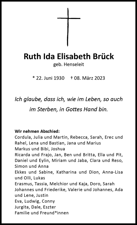 Alle Traueranzeigen für Ruth Ida Elisabeth Brück trauer rp online de