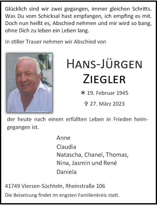 Alle Traueranzeigen für Hans Jürgen Ziegler trauer rp online de