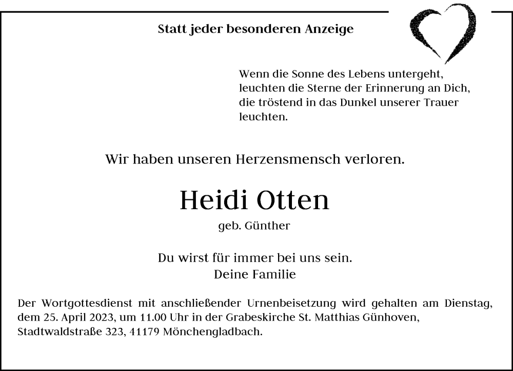 Alle Traueranzeigen F R Heidi Otten Trauer Rp Online De