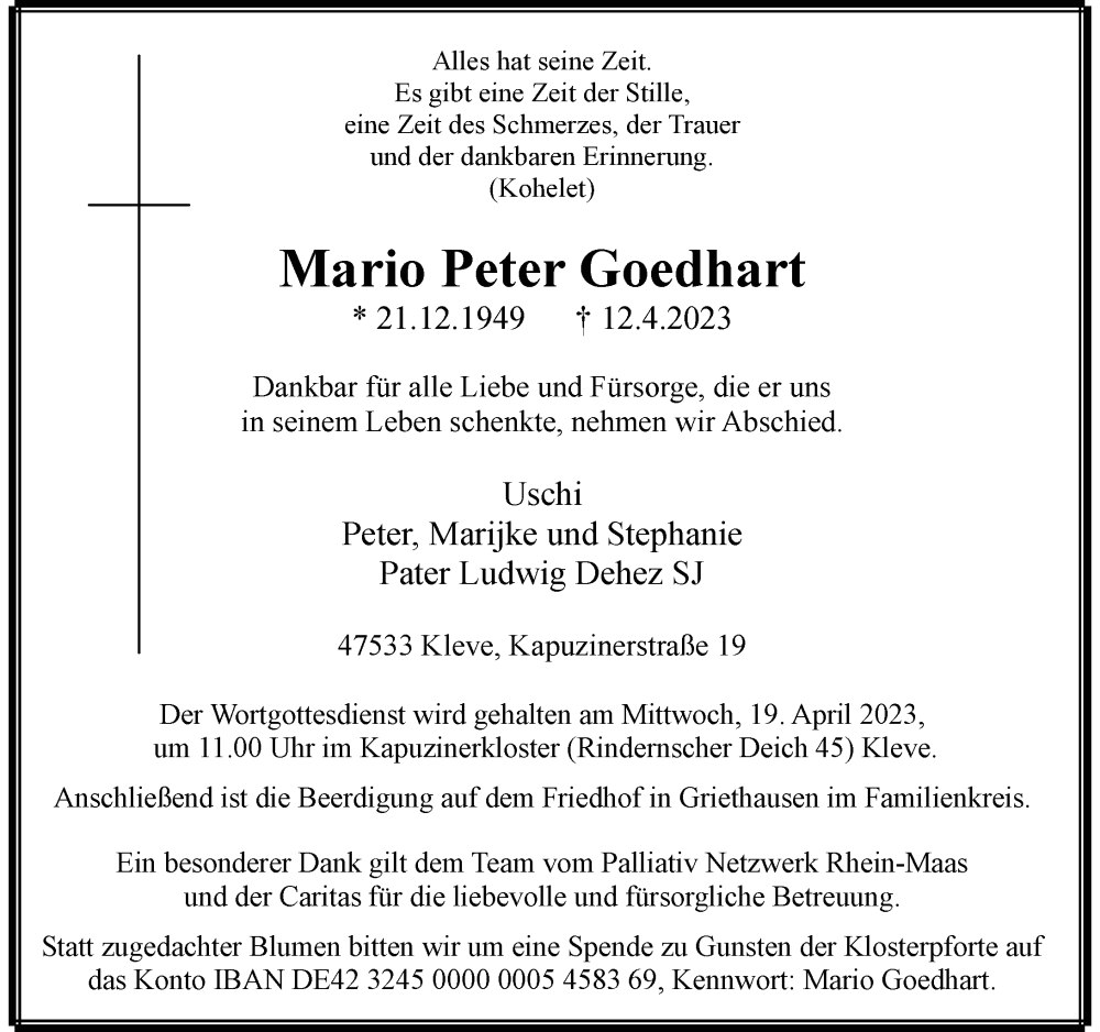 Alle Traueranzeigen F R Mario Goedhart Trauer Rp Online De