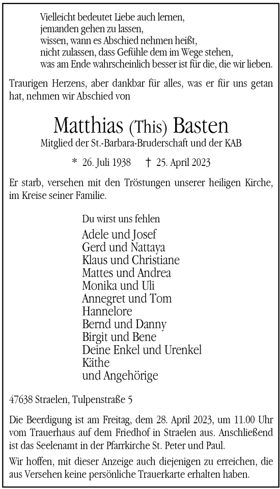 Alle Traueranzeigen für Matthias Basten trauer rp online de