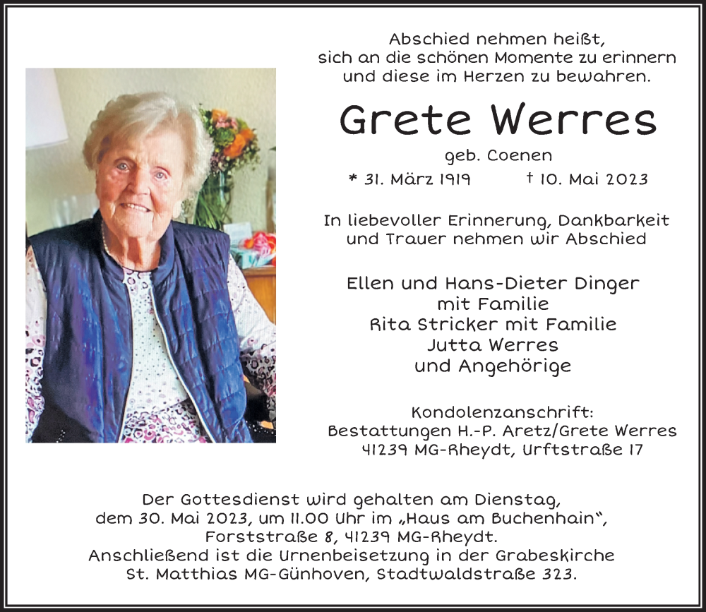 Alle Traueranzeigen F R Grete Werres Trauer Rp Online De