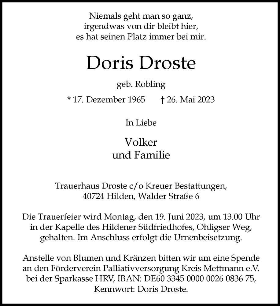 Alle Traueranzeigen für Doris Droste trauer rp online de