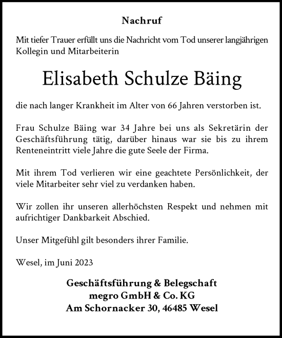 Alle Traueranzeigen für Elisabeth Schulze Bäing trauer rp online de