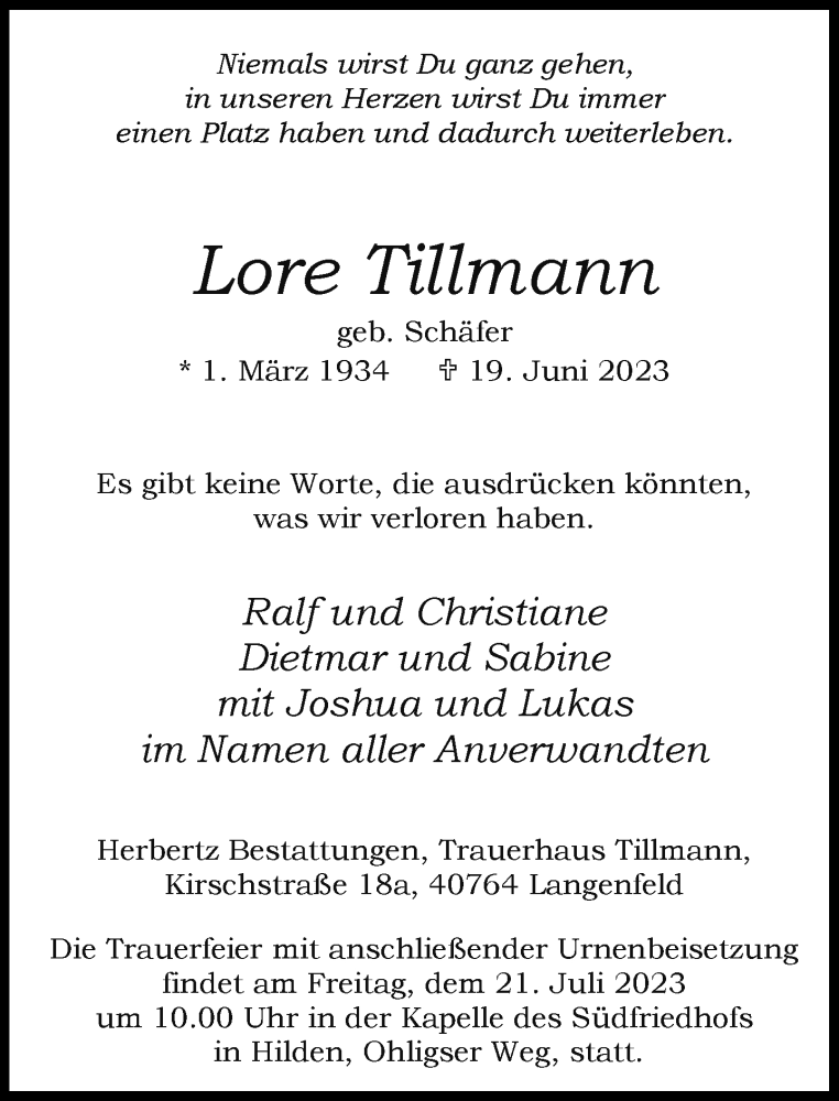 Alle Traueranzeigen F R Lore Tillmann Trauer Rp Online De