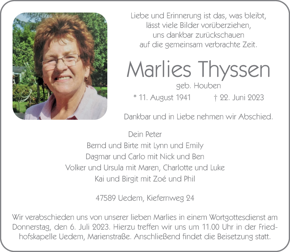 Alle Traueranzeigen F R Marlies Thyssen Trauer Rp Online De