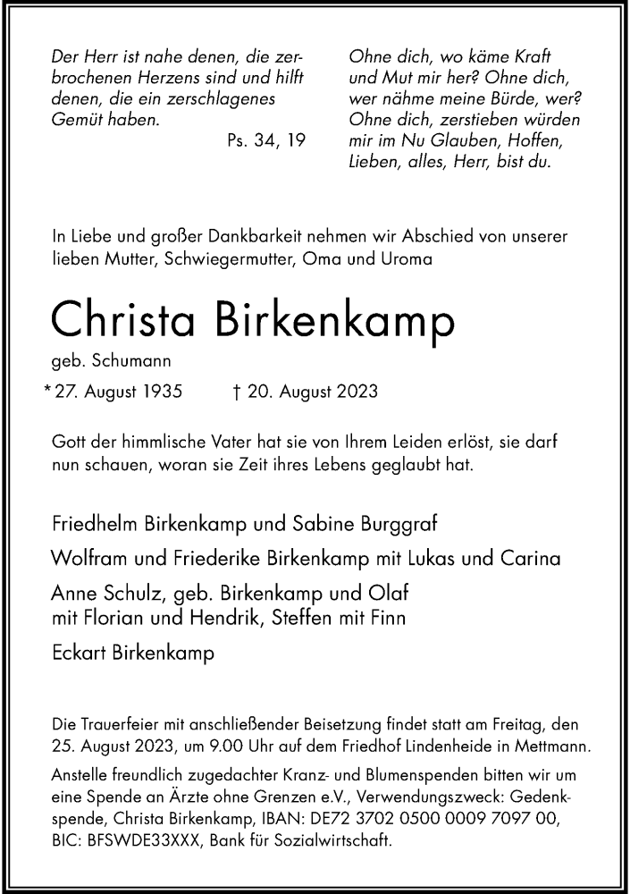 Alle Traueranzeigen F R Christa Birkenkamp Trauer Rp Online De