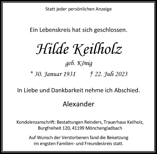 Alle Traueranzeigen für Hilde Keilholz trauer rp online de