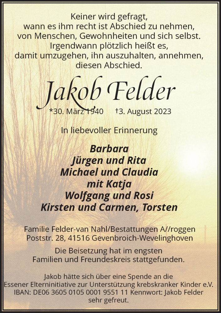 Alle Traueranzeigen F R Jakob Felder Trauer Rp Online De