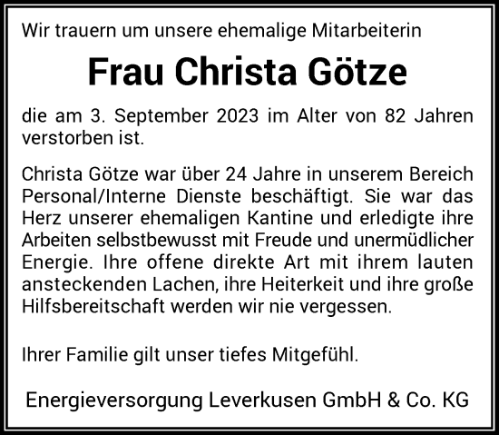 Alle Traueranzeigen F R Christa G Tze Trauer Rp Online De