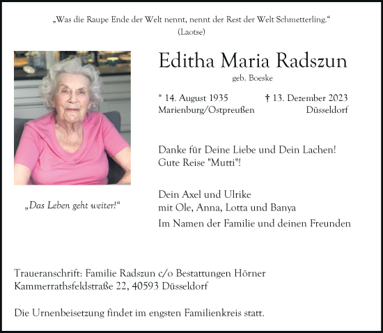 Alle Traueranzeigen F R Editha Maria Radszun Trauer Rp Online De