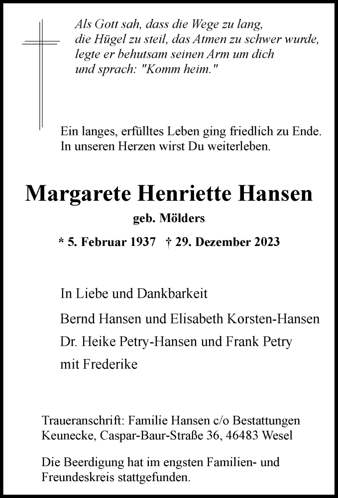 Alle Traueranzeigen F R Margarete Henriette Hansen Trauer Rp Online De