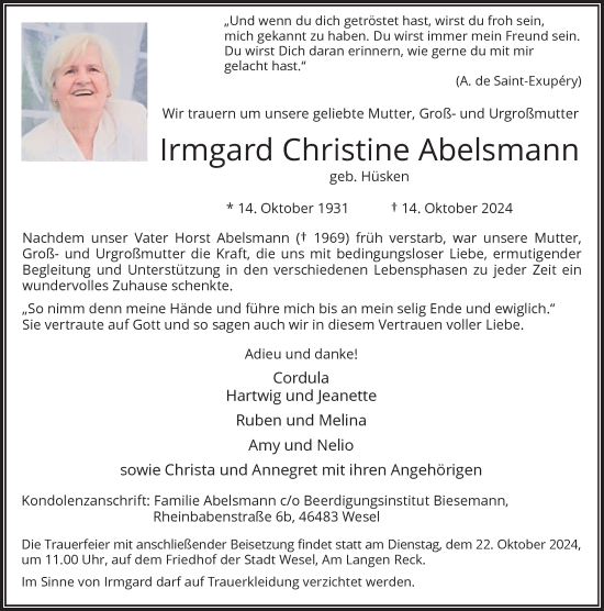 Alle Traueranzeigen F R Irmgard Christine Abelsmann Trauer Rp Online De