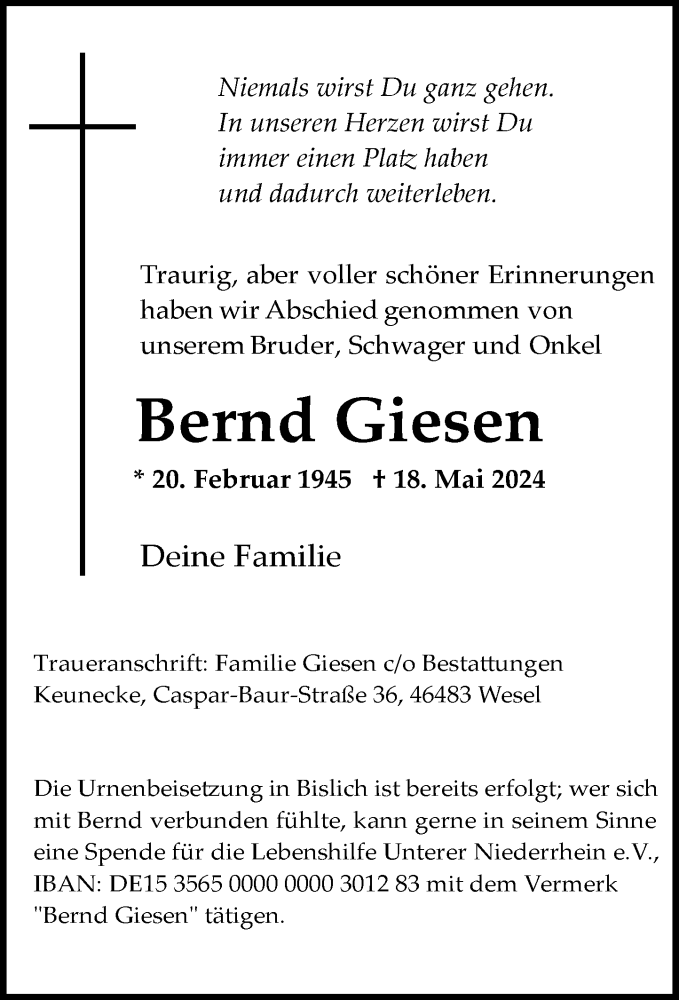 Alle Traueranzeigen F R Bernd Giesen Trauer Rp Online De